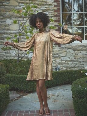 The Odells Cecilia Dress in Copper Size Small Balloon Sleeves Metallic Mini NEW